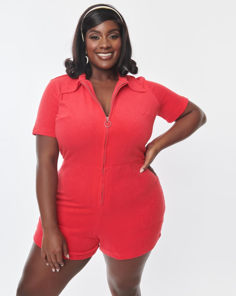 Front of a model wearing a size XL Smak Parlour Red Terry Romper in Red by Smak Parlour. | dia_product_style_image_id:287331